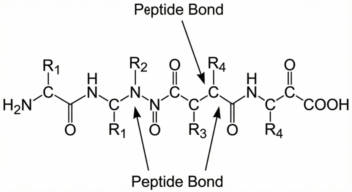 Chemical structure of a polypeptide chain with arrows pointing to the peptide bonds between amino acid residues.